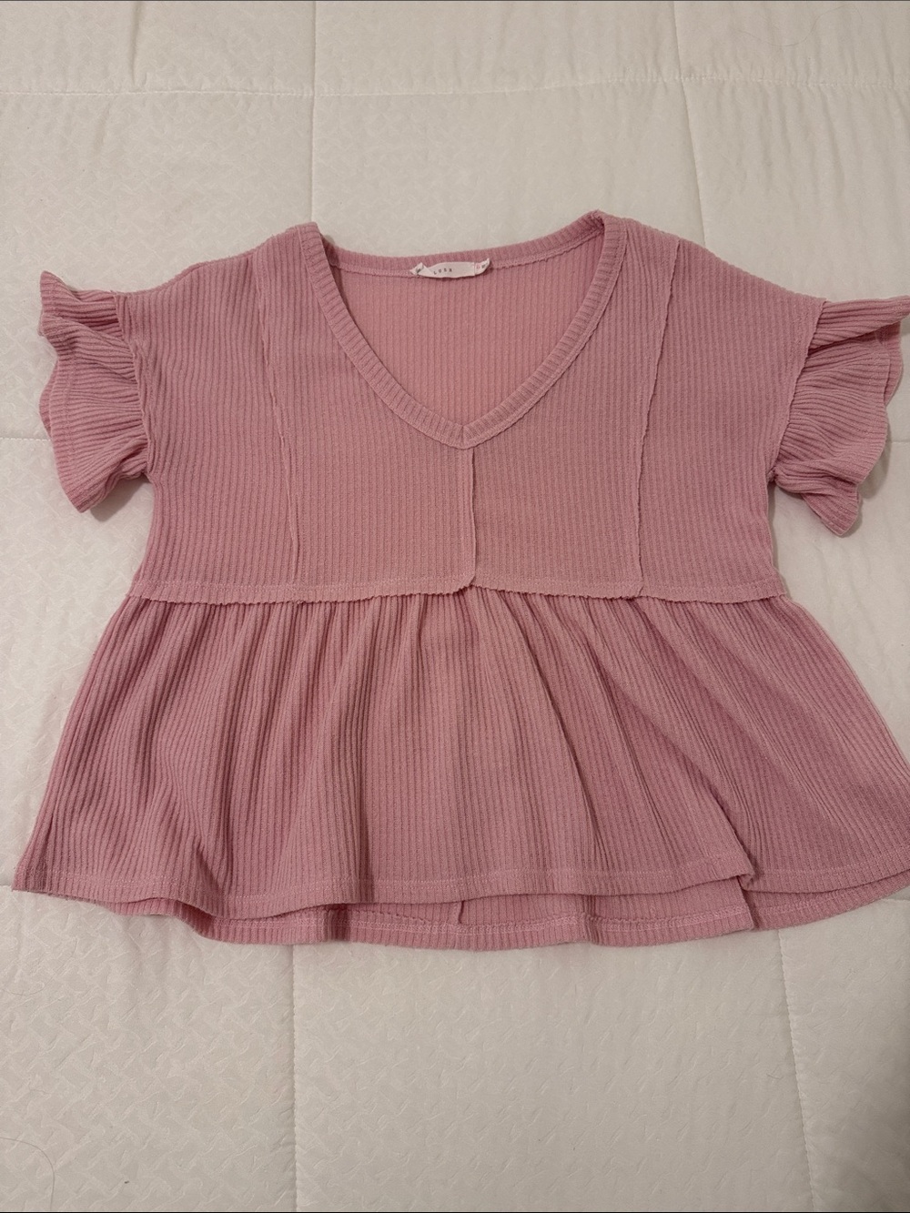 Lush Pink Ribbed V-Neck Peplum Top with Flutter Sleeves